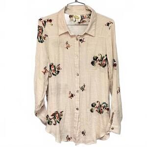 Fig and Flower Women’s Beige Embroidered Button-Up Blouse Boho style Large
